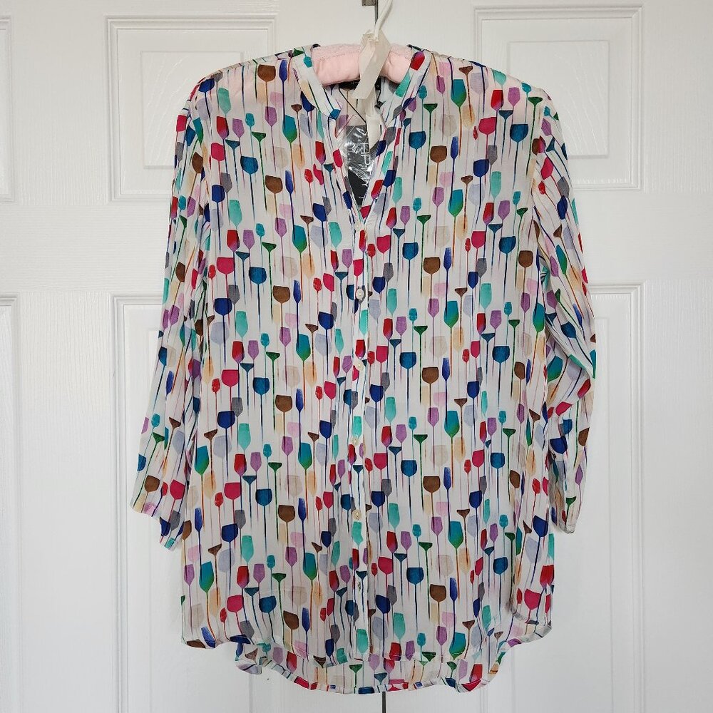 APNY NEW YORK WATERCOLOR WINE GLASS PRINT WOMAN'S BLOUSE SIZE S - Picture 10 of 11